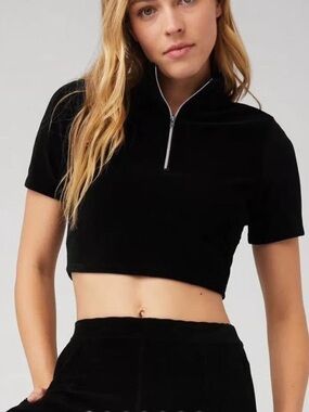 ALO Yoga Black Corduroy Zip-Up Cropped Top